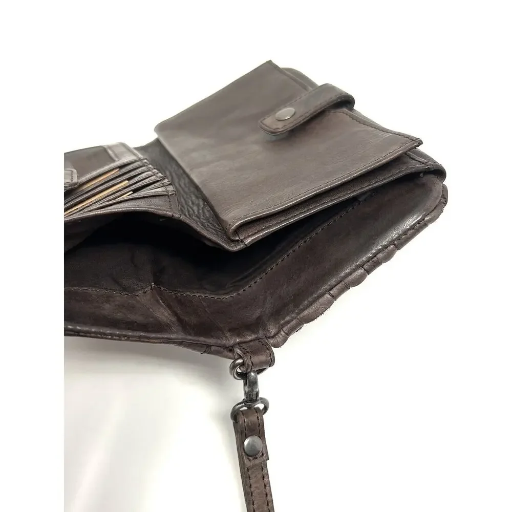 Vilenca Holland Woven Leather Wallet Wristlet Clutch Removable Strap Dark Brown